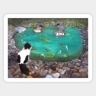 Tuxedo Cats at the Koi Pond Sticker